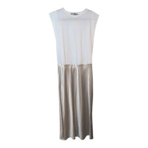 Zara White and Tan Pleated Sheath Midi Dress